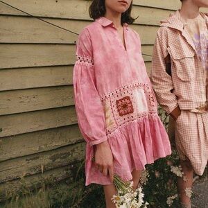 Story mfg. Olga Crochet & Tie Dye Long Sleeve Organic Cotton Minidress L